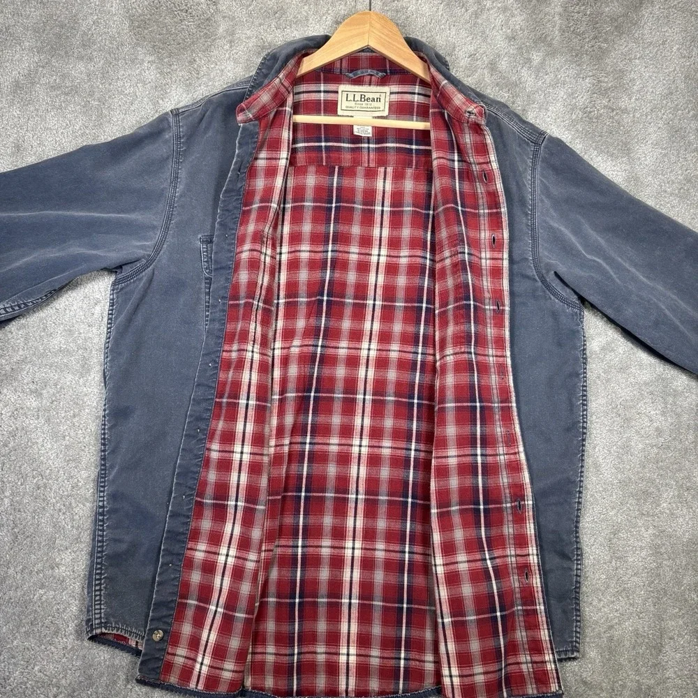 LL Bean Shirt Jacket Mens L Blue Canvas Flannel Lined Heavy Work Chore Shacket
